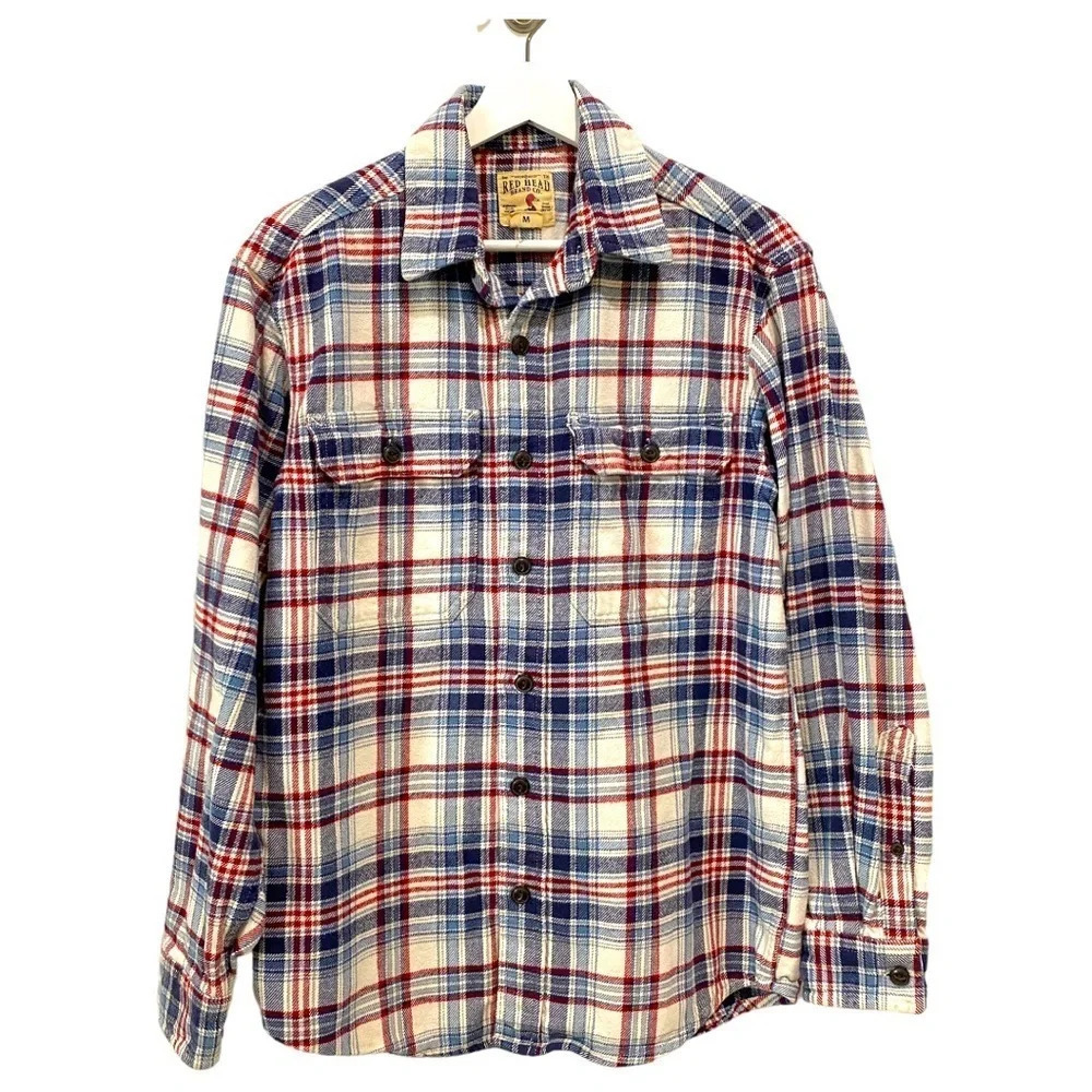 Red Head Mens Flannel Shirt Size M Long Sleeve Button Down beige/ blue/ red